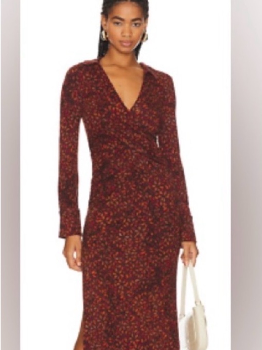 Free People Burgundy Floral Long Sleeve Midi Wrap Dress